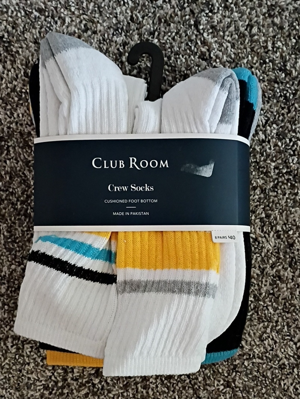 Club Room White Crew Socks with Yellow, Blue & Black Stripes - 8 Pack